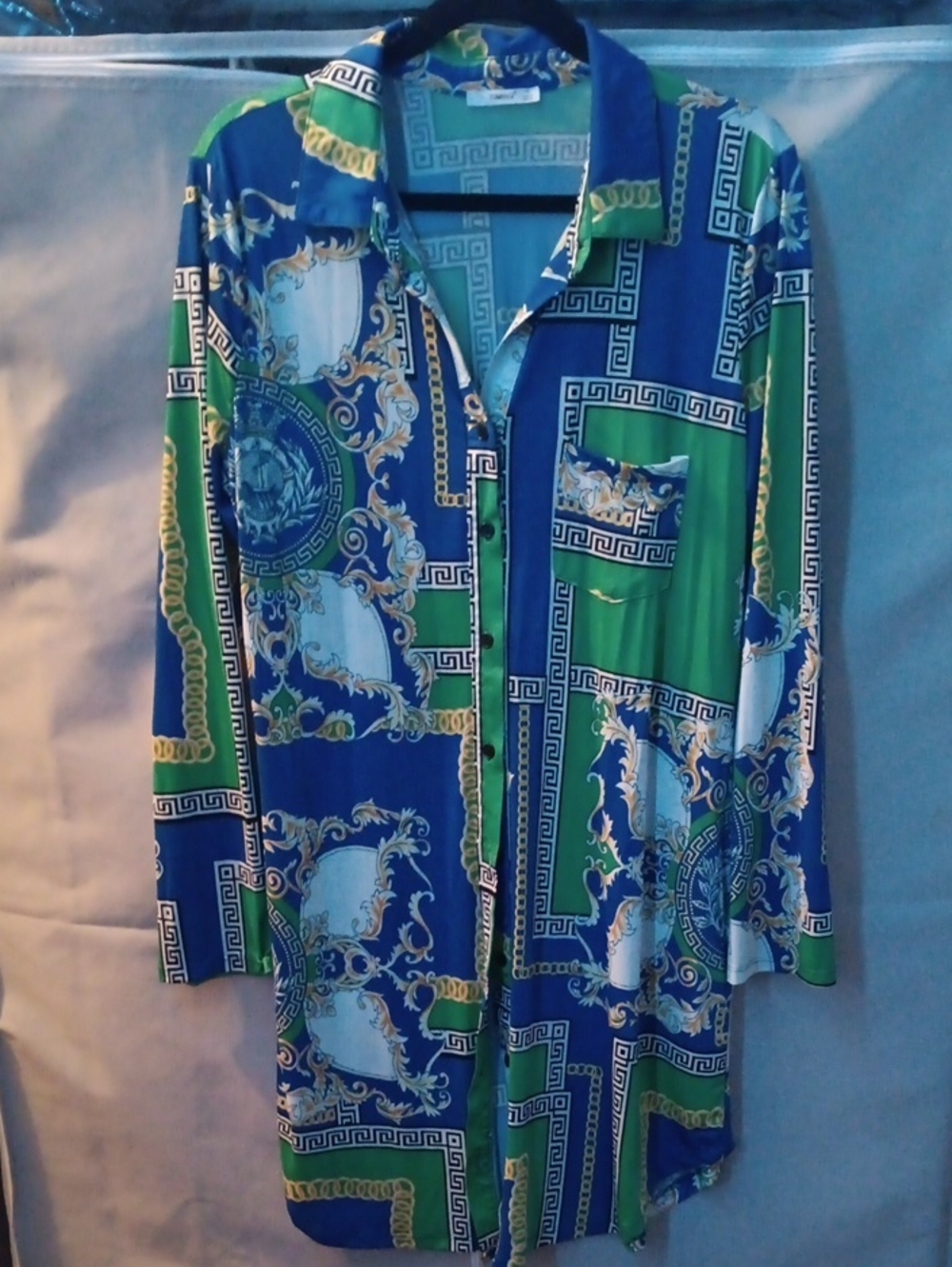 Blue & Green Baroque Print Button-Up Shirt